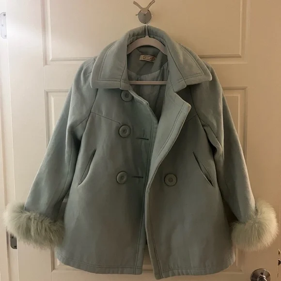 Stunning Light Blue Peacoat with Fuzzy Trim Size XS/S - Picture 1 of 3